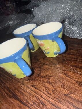 Blue and Lime Floral Ceramic Coffee Mugs - Set of 3